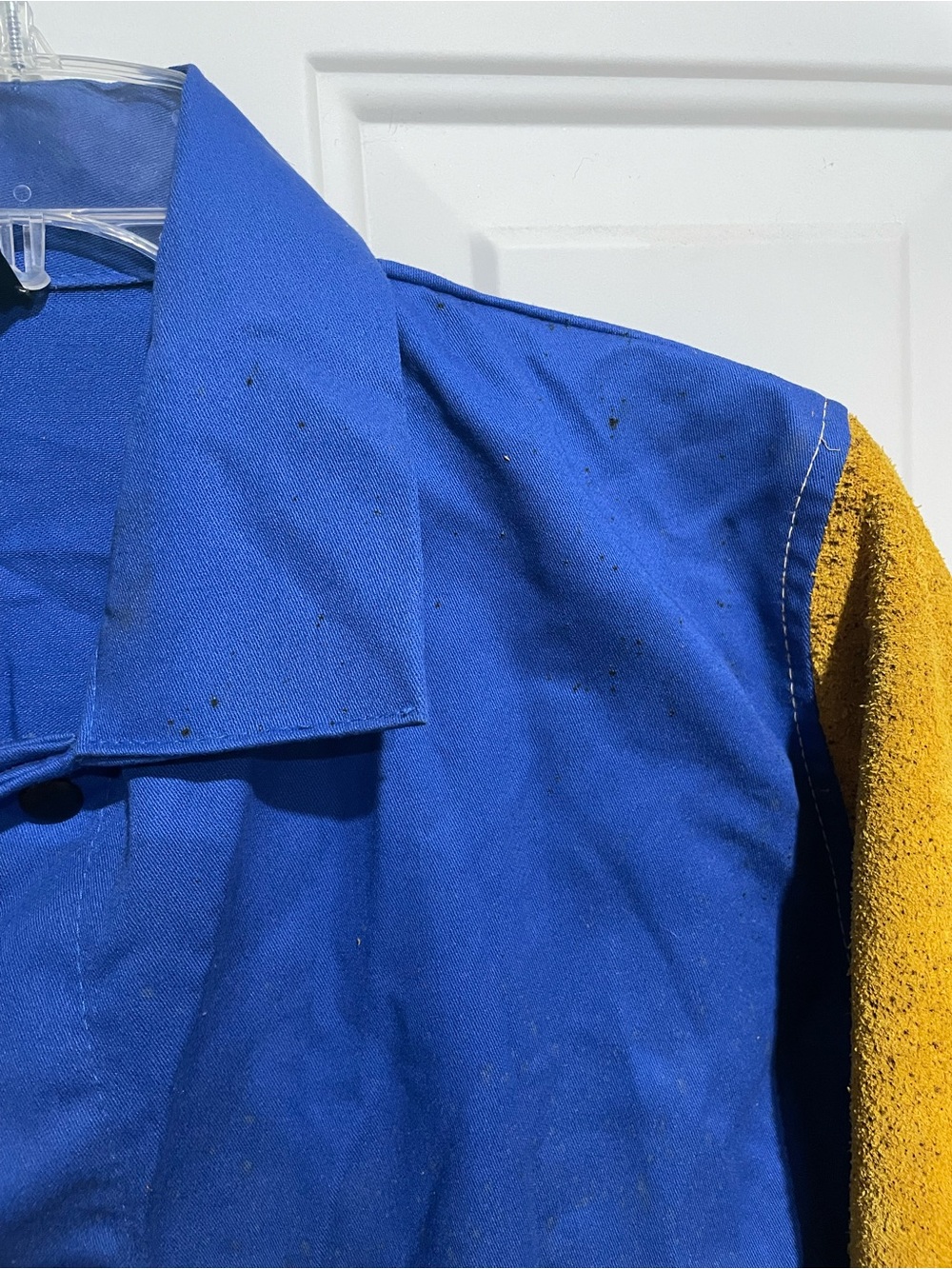 Men's Welding Jacket in Blue with Yellow Leather Sleeve Panels - Picture 3 of 13